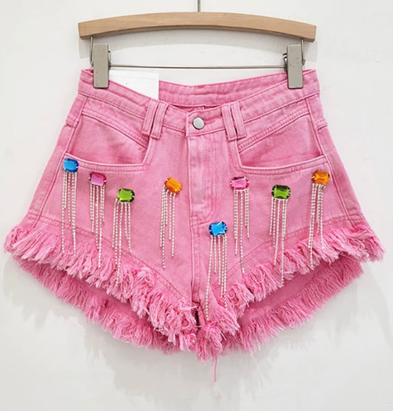 Women Ripped Color Crystal Tassel Fashion Denim Shorts