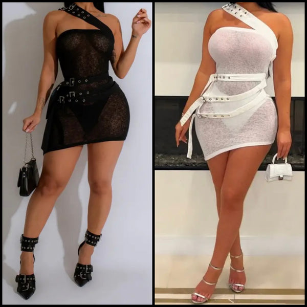 Women Sexy Buckled One Shoulder Sleeveless See Through Dress