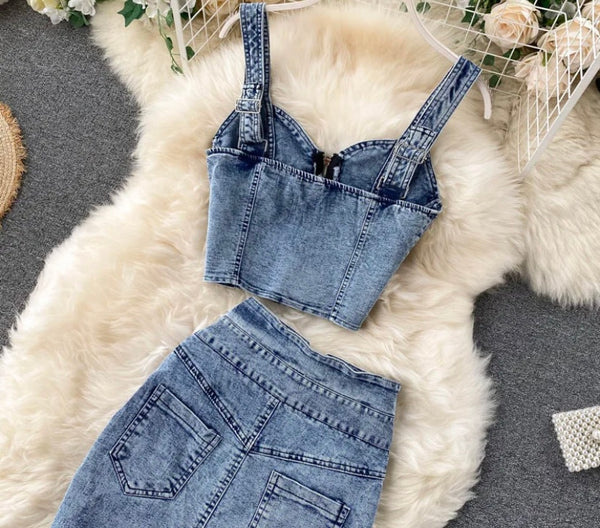 Women Sexy Fashion Zip Up Crop Two Piece Denim Maxi Skirt Set