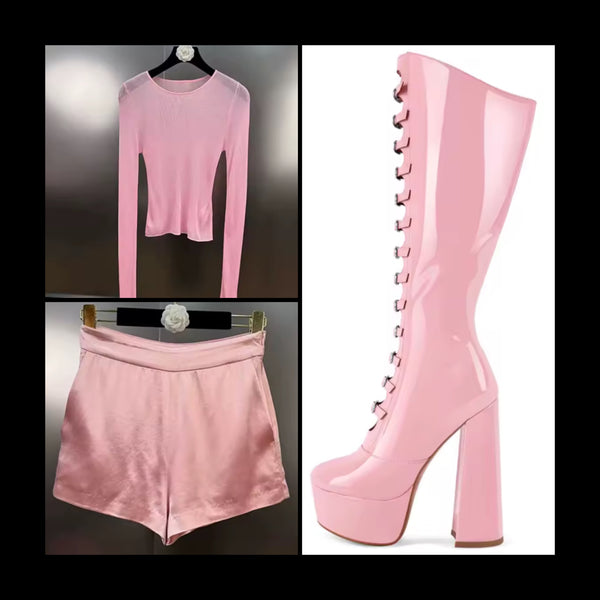 Women Sexy Pink Mesh Full Sleeve Two Piece Short Set