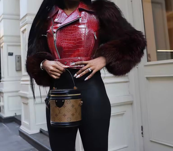 Women Fashion Faux Leather Fur Sleeve Buckled Jacket