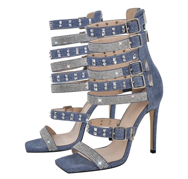 Women Fashion Denim Bling Rivet Buckled Sandals