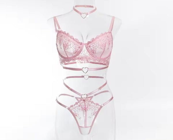 Pink Sexy Heart Choker Lace Mesh Lingerie Set