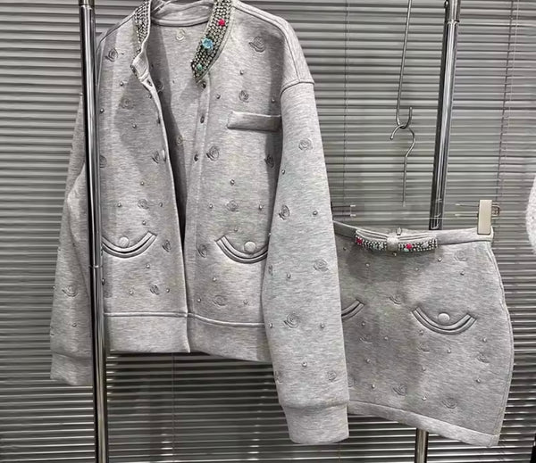 Women Fashion Rhinestone Button Up Two Piece Skirt Set