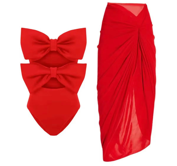Women Sexy Strapless Bow Cut Out Swimsuit Cover Up Set