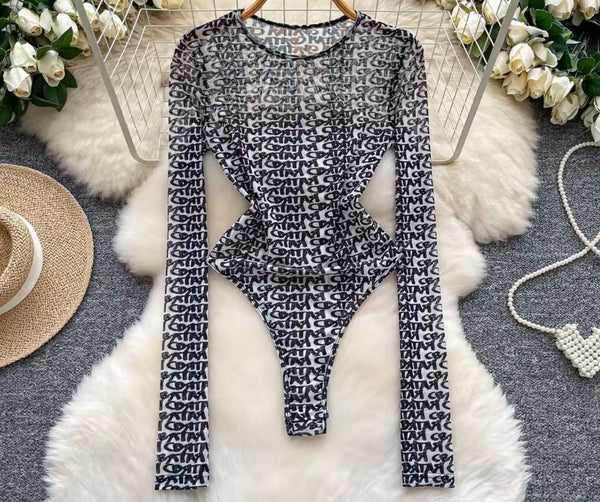 Women Fashion B&W Letter Print Full Sleeve Mesh Bodysuit Top