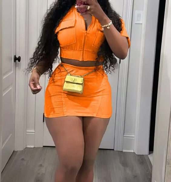 Women Sexy Fashion Zip Up Short Sleeve Two Piece Skirt Set