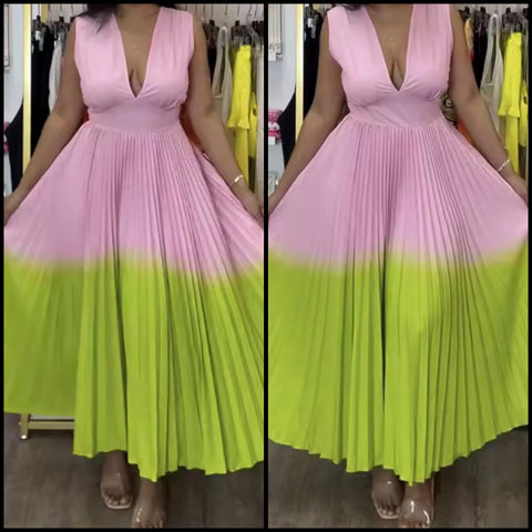 Women Sexy Sleeveless v-Neck Color Patchwork Pleated Dress