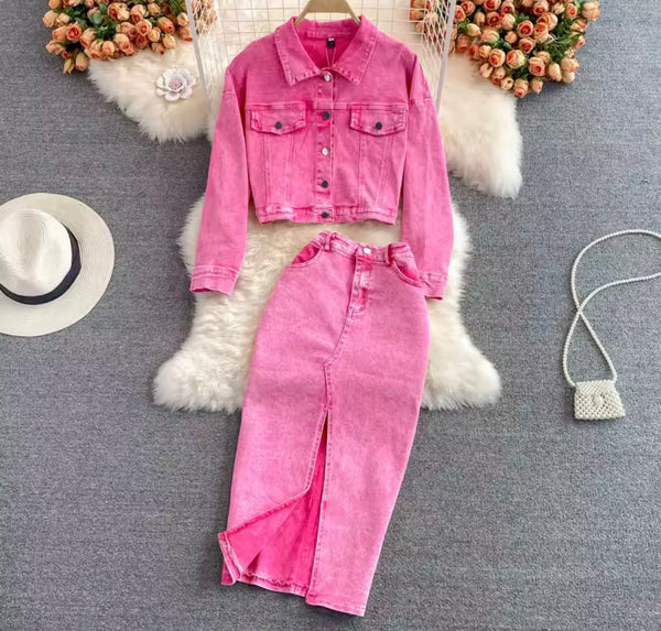 Women Sexy Fashion Pink Denim Jacket Two Piece Maxi Skirt Set