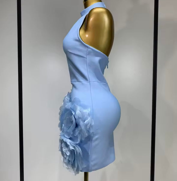 Women Sexy Blue Halter Sleeveless Floral Dress