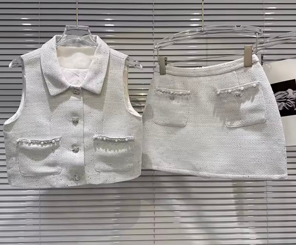 Women Collar Sleeveless Bling Button Up Two Piece Skirt Set