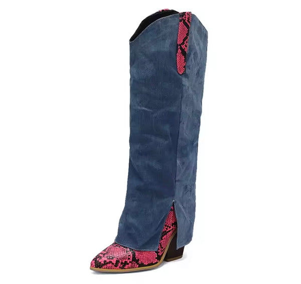 Women Fashion Color Animal Print Denim Knee High Western Boots