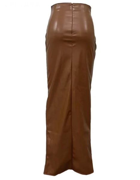 Women Sexy Solid Color Side Slit Faux Leather Maxi Skirt