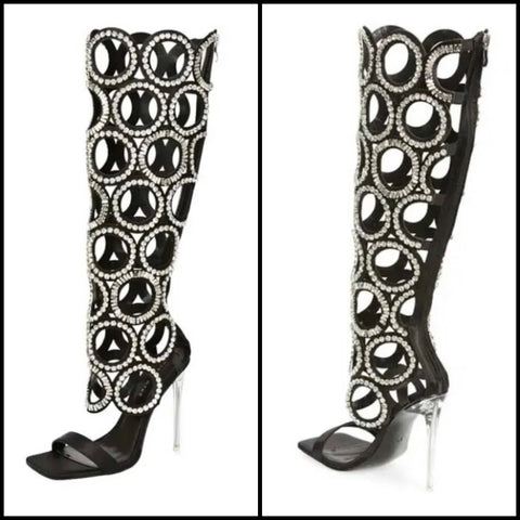 Women Fashion Open Toe High Heel Bling Knee High Boots