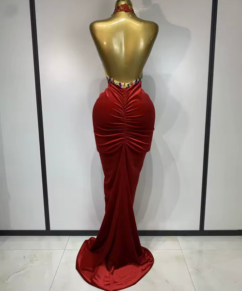 Women Halter Sleeveless Velvet Multicolored Rhinestone Maxi Dress