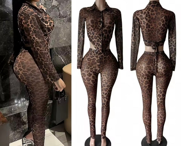Women Button Up Leopard Mesh Fashion Two Piece Pant Set