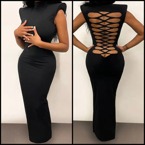 Women Black Sleeveless Sexy Open Lace Up Back Maxi Dress