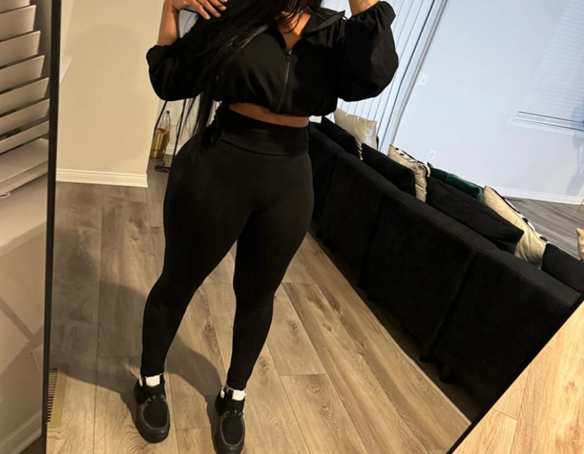 Women Fashion Solid Color Zip Up Full Sleeve Crop Two Piece Pant Set