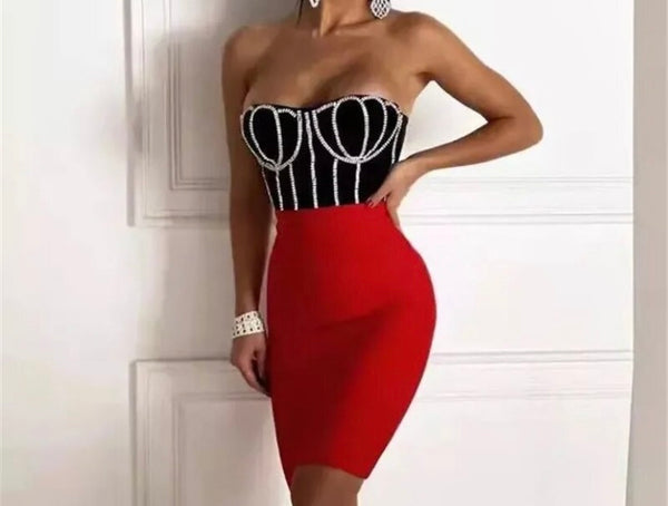 Women Sexy Strapless Rhinestone Patchwork Back Zipper Dress