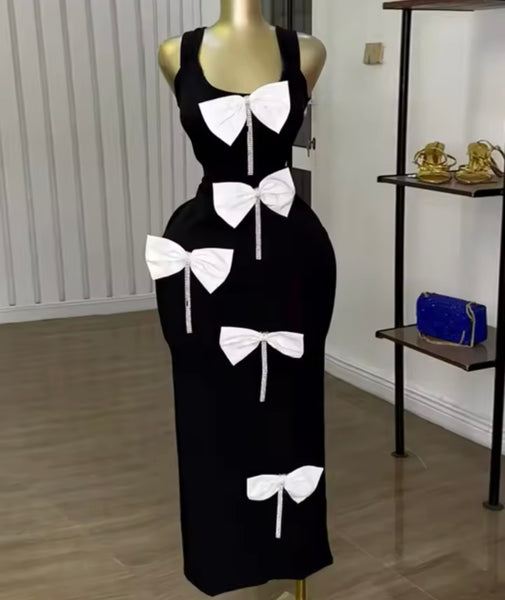 Women Sexy Sleeveless B&W Bow Bling Tassel Maxi Dress