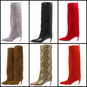 Women Color Fashion Pointed Toe Suede Knee High Boots