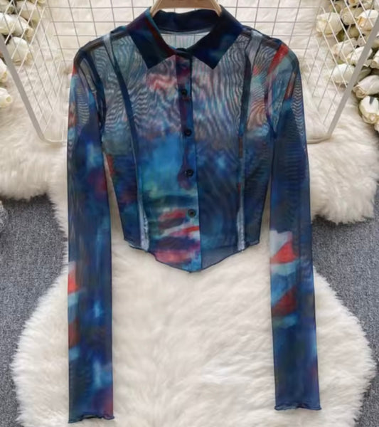 Women Fashion Collar Button Up Mesh Full Sleeve Top