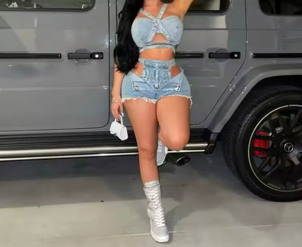 Women Sleeveless Cut Out Ripped Denim Two Piece Short Set