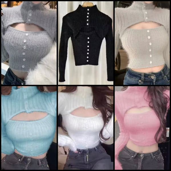 Women Color Fashion Furry Button Up Full Sleeve Top