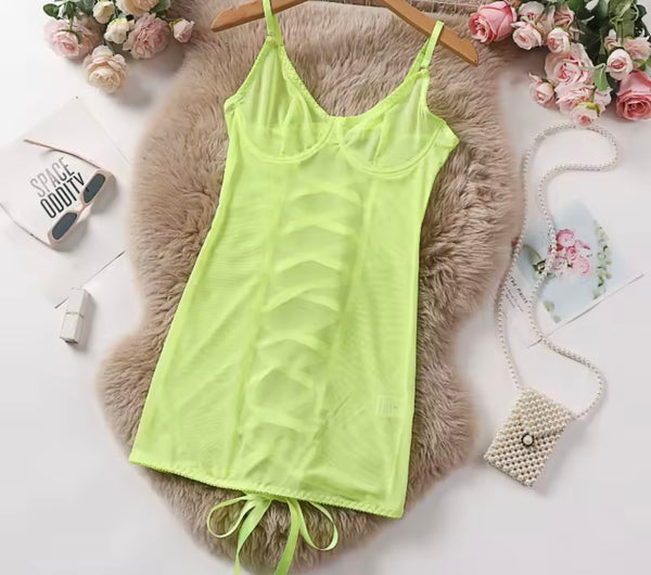 Women Sexy Sleeveless Open Back Lace Up Mesh Nightgown Lingerie