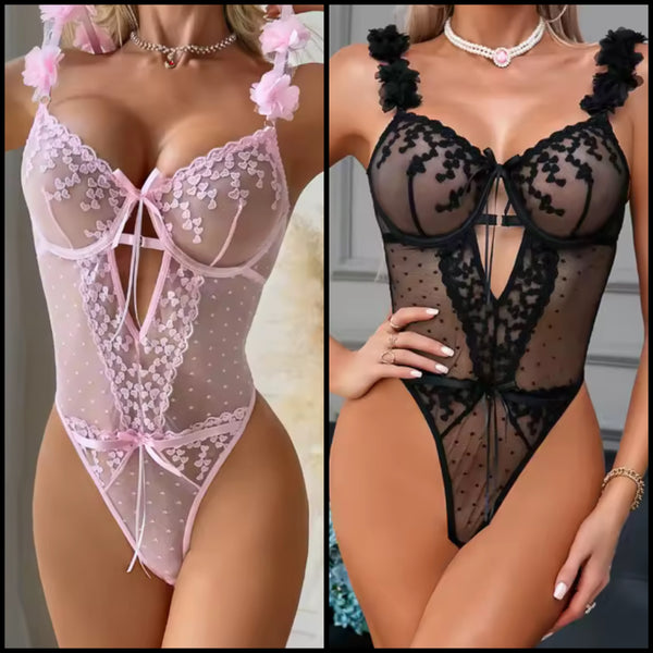 Women Sexy Sleeveless Mesh Heart Print Floral Bodysuit Lingerie