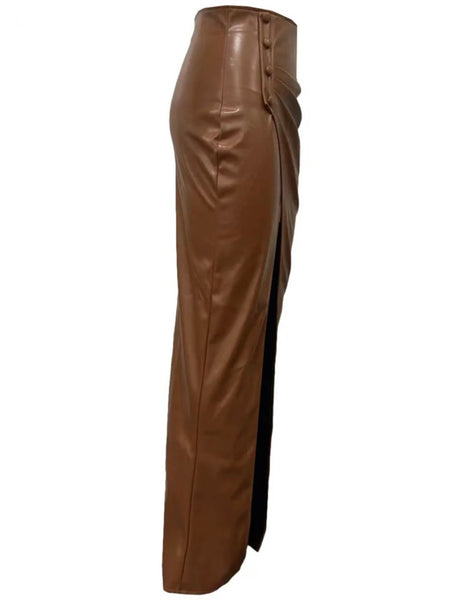 Women Sexy Solid Color Side Slit Faux Leather Maxi Skirt