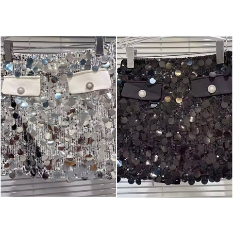 Women Sequins Patchwork Pocket Sexy Skirt