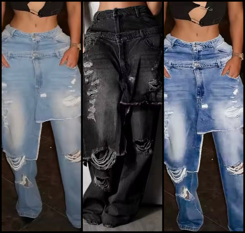 Women Fashion Asymmetrical Ripped Wrap Denim Pants
