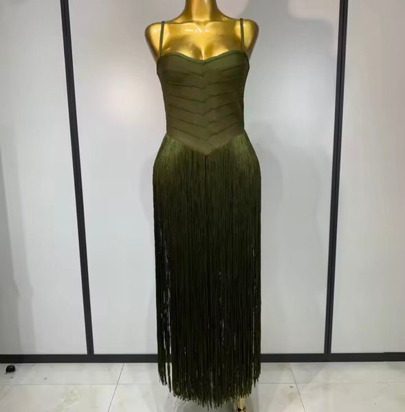 Women Green Sexy Sleeveless Fringe Tassel Maxi Dress