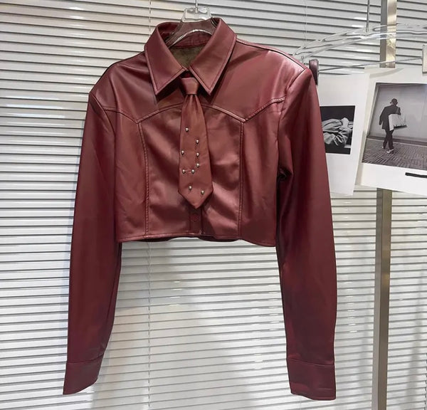 Women Fashion Bling Tie Full Sleeve Faux Leather Crop Top
