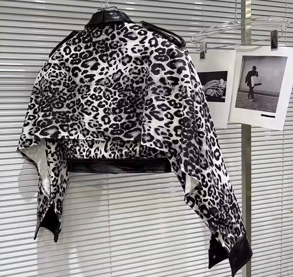 Women Fashion Animal Print PU Patchwork Jacket
