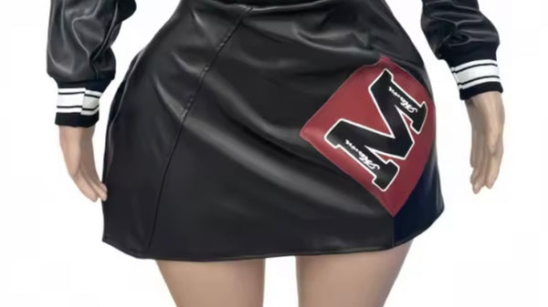 Women Color Patchwork Printed Faux Leather Two Piece Skirt Set