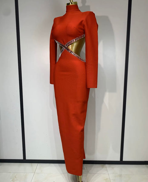 Women Sexy Red Crystal Turtleneck Open Back Maxi Dress