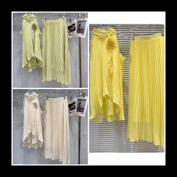 Women Sleeveless Pleated Two Piece Maxi Skirt Set
