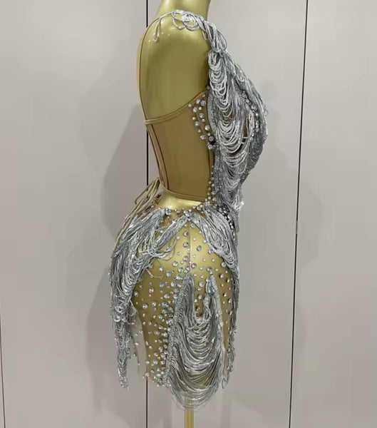 Women Sexy Sleeveless Silver Sequins Tassel Rhinestone Mesh Dress