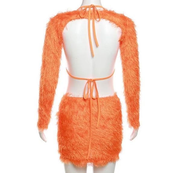 Women Sexy Faux Fur Three Piece Skirt Set