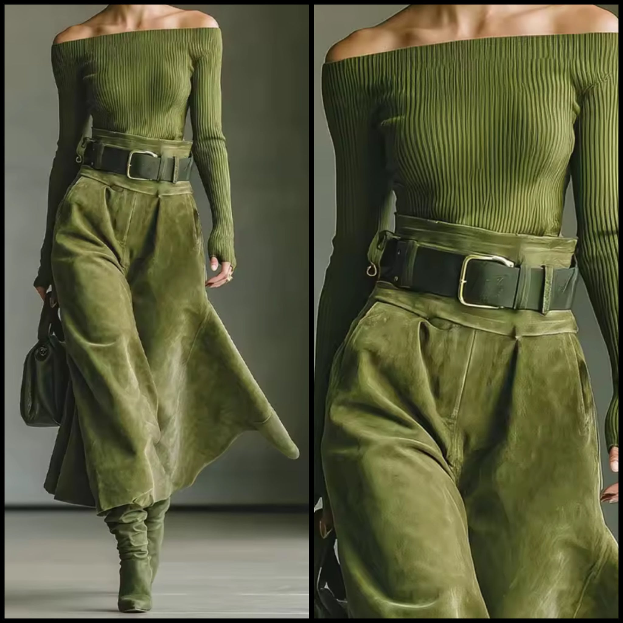 Women Green Ribbed Off The Shoulder Two Piece Suede Pant Set