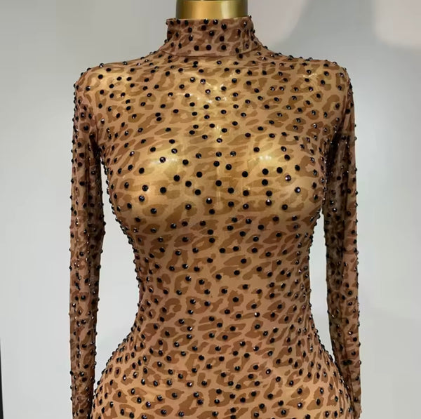 Women Sexy Leopard Print Beaded See Through Jumpsuit