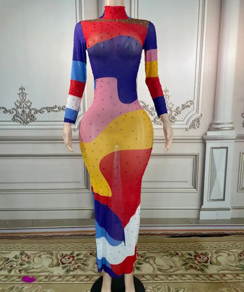 Women Sexy Color Patchwork Rhinestone Full Sleeve Mesh Maxi Dress