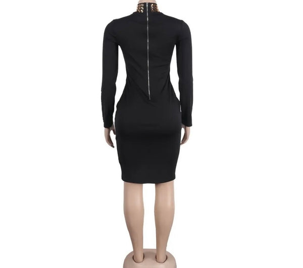 Women Sexy Full Sleeve Black Gold Rivet Patchwork Dress