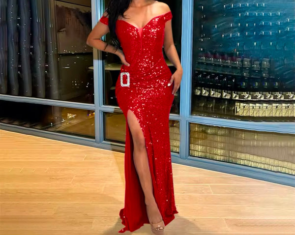 Women Sexy Sequins Off The Shoulder Sleeveless Maxi Dress