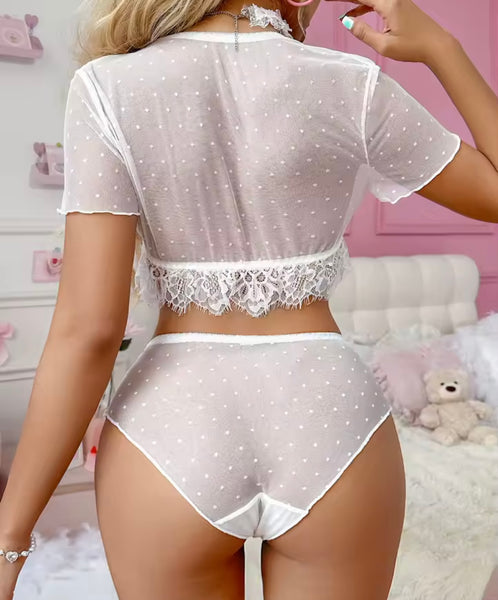Women White Polka Dot Mesh Choker Sexy Lingerie Set