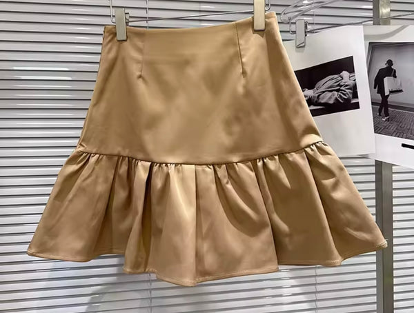 Women Khaki Ruffle Button Up Belted Two Piece Skirt Set