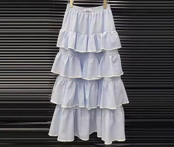 Women Sexy Blue Bow Ruffle Short Sleeve Two Piece Maxi Skirt Set