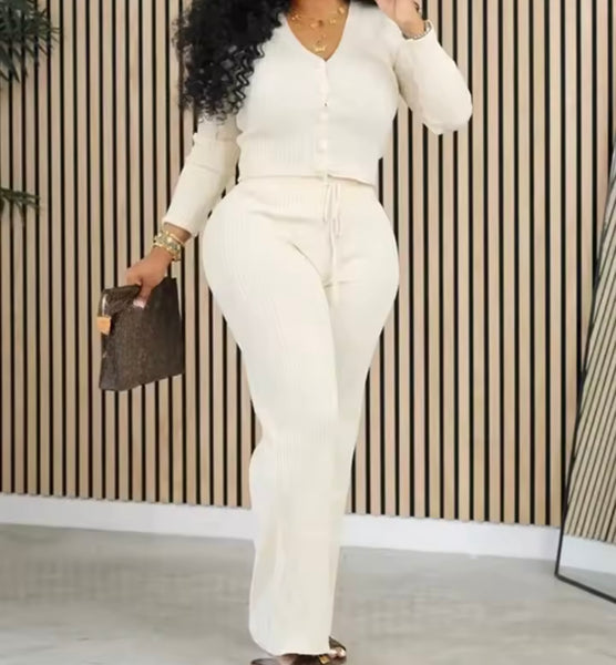 Women Fashion Ribbed Button Up Full Sleeve Two Piece Pant Set